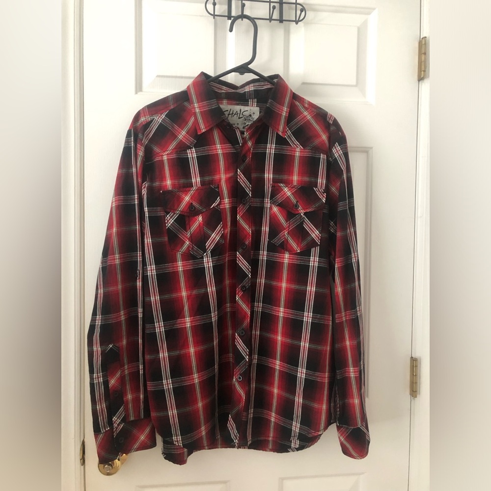 NWOT Chalc red/black/white, plaid long sleeve button down.